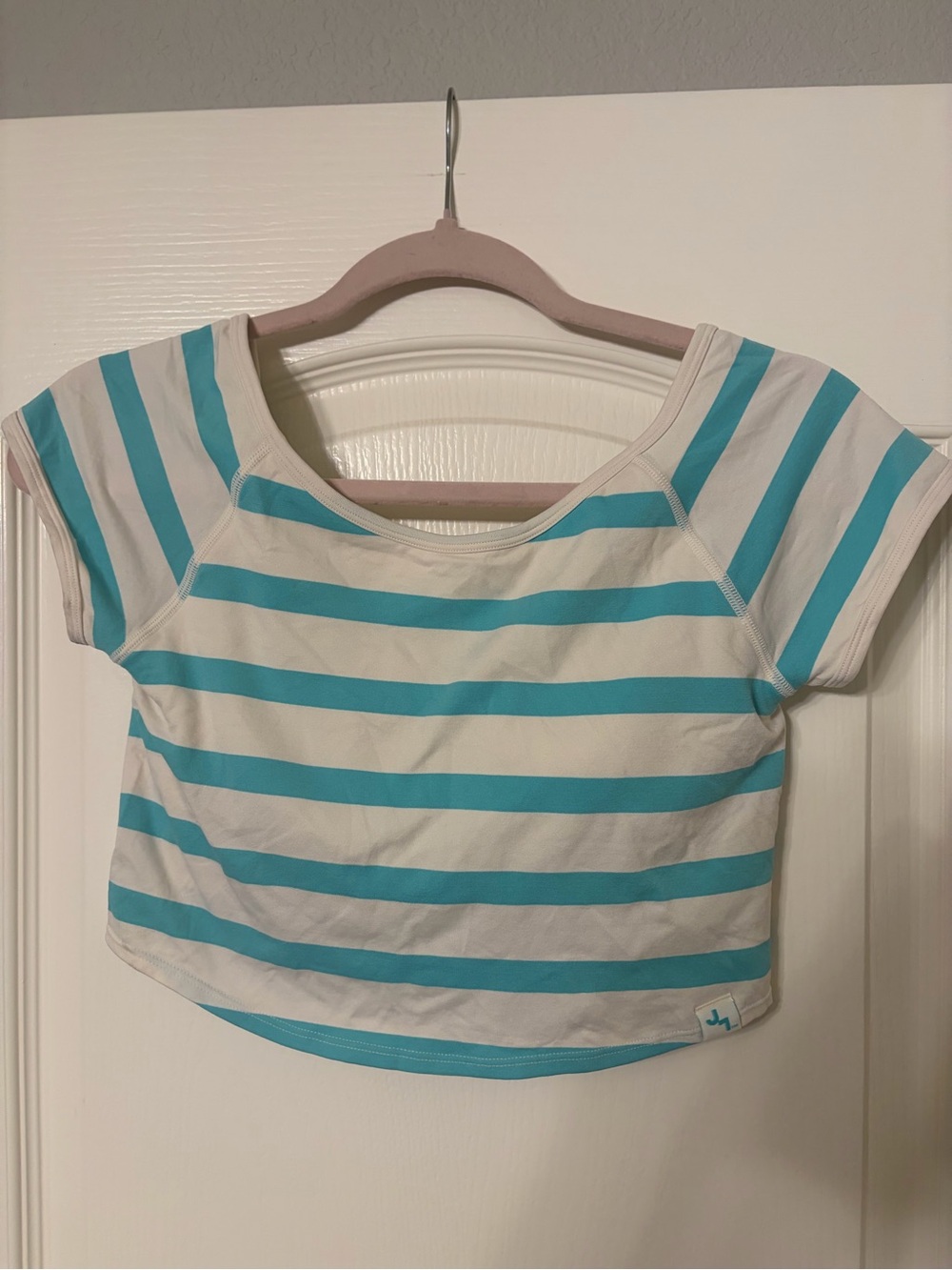 JoyLab Aqua & White Striped Short Sleeve Crop Tee